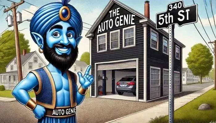 Auto Genie cartoon outside garage on 5th Street